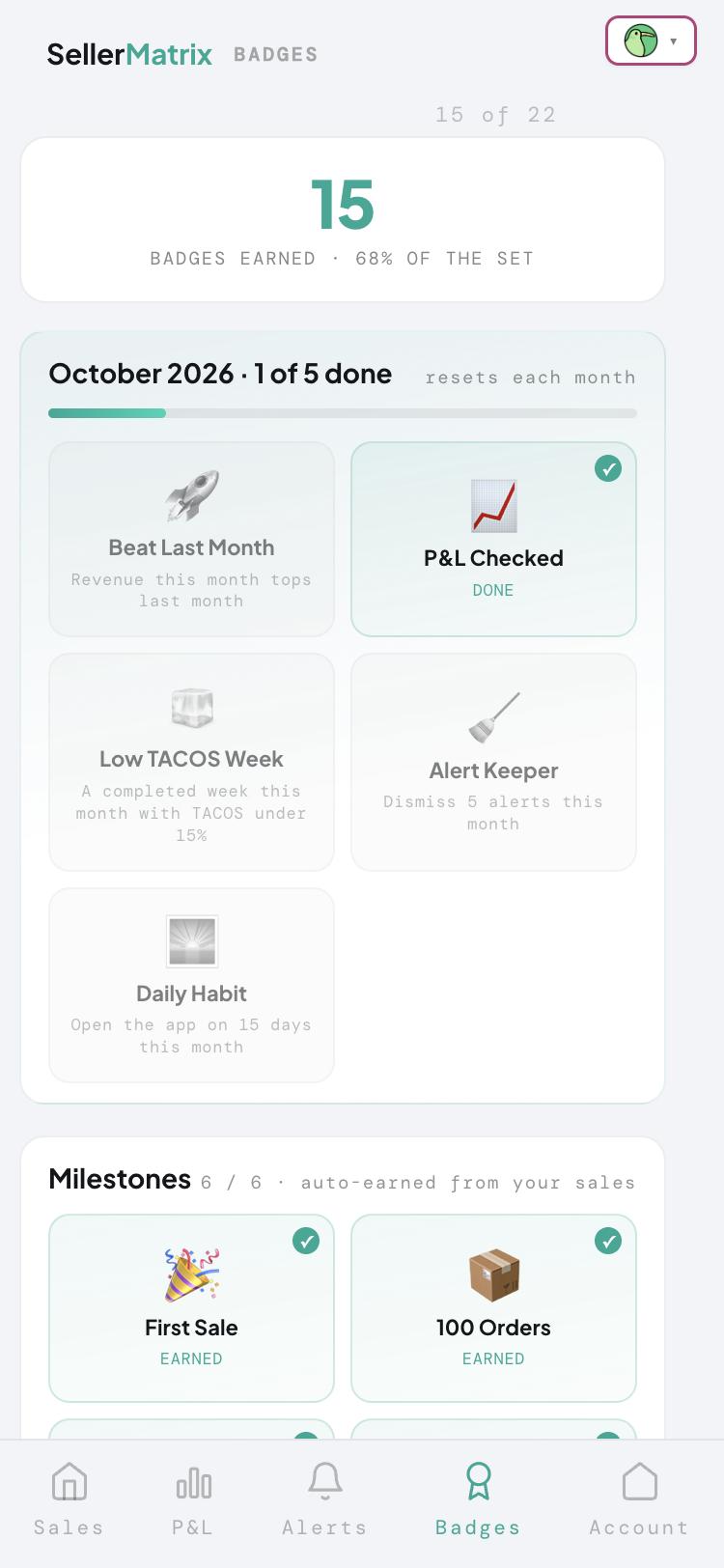 SellerMatrix app — monthly badges and milestones